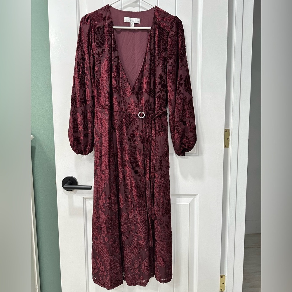 Adelyn Rae Burned Velvet Long Sleeve Wrapped Midi Dress
